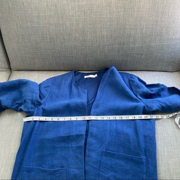 Tory Burch Emily Blue Fringe Trim Linen Blend Open Front Jacket Women’s Size 10 - Picture 7 of 8